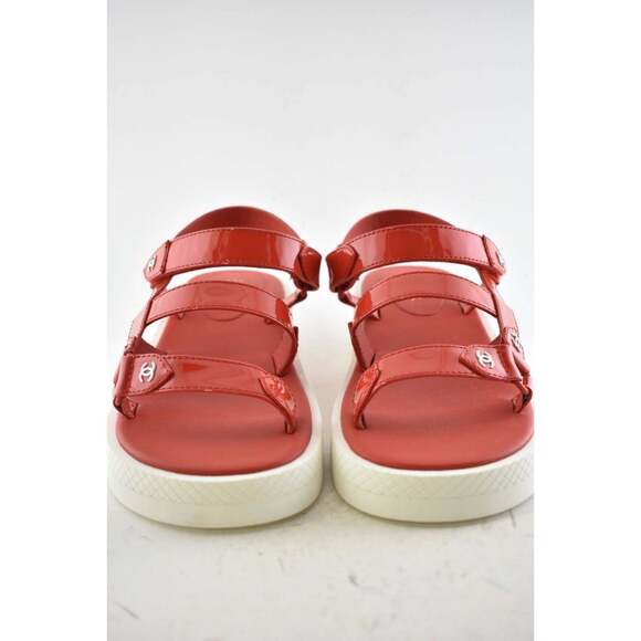 Chanel 20C Red Patent White CC Logo Mule Slide Strap Flat Dad Daddy Sandal 40 - Picture 3 of 8